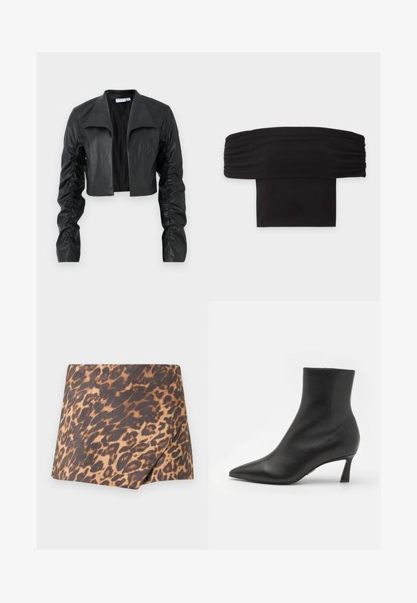 Sort cropped jakke lavet af glat læder. Har en bred krave og rynkede ærmer, hvilket giver en tætsiddende silhuet og moderne design.; Sort off-shoulder crop top med rynkede korte ærmer og en lige halsudskæring på en ensfarvet lys baggrund.; Mini nederdel med leopardprint, diagonalt overlap foran, brun og sort mønster på tan stof, lige kant.; Steve Madden LULAH - Ankelstøvler - black