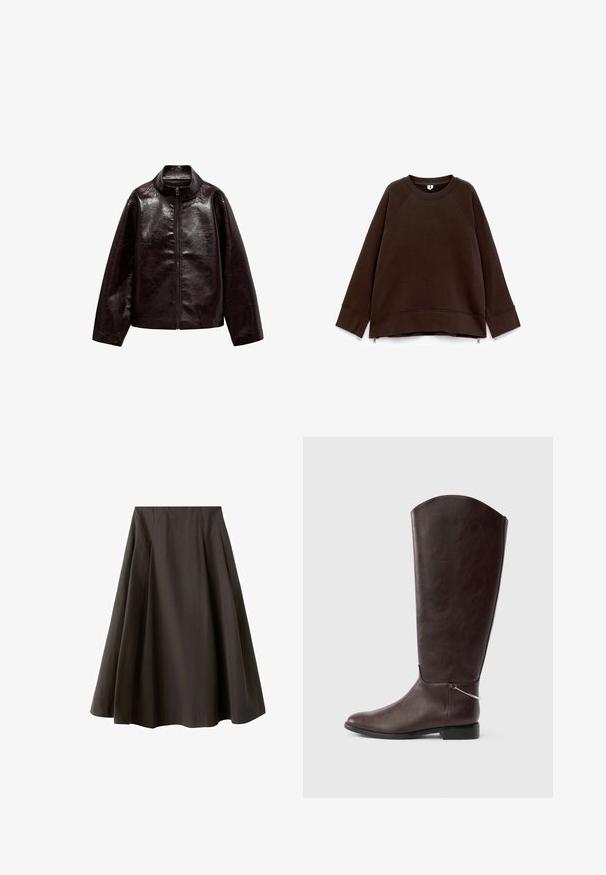 Brun faux læderjakke med høj krave, fuld lynlås lukning og en glat, blank overflade. Har en afslappet pasform og lange ærmer.; Mørkebrun langærmet sweatshirt med rund hals, dropped skuldre, brede manchetter og små lynlåse i siden ved sømmen.; Sort A-formet nederdel med høj talje og vid nederste kant, lavet af glat stof, vist mod en hvid baggrund.; Mørkebrun knæhøj læderstøvle med flad hæl og en lille sølvfarvet dekorationsvedhæng nær anklen på hvid baggrund.