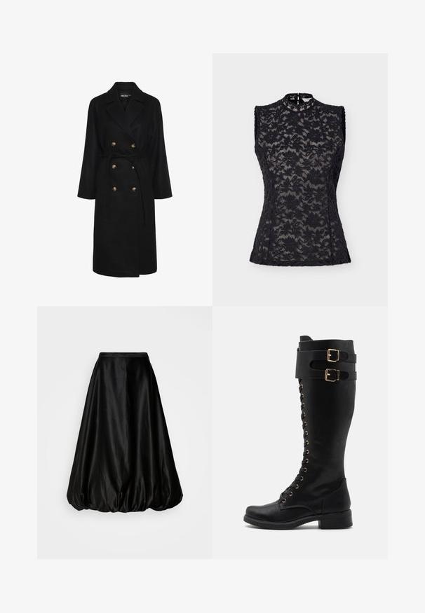 Manteau noir à double boutonnage avec une taille ceinturée, boutons dorés, revers larges et manches longues ; fabriqué dans un tissu doux et texturé.; Haut sans manches en dentelle noire avec motif floral, col montant et fermeture dos en forme de goutte, silhouette ajustée sur fond uni.; Jupe midi en satin noir avec une forme ballon volumineuse. Texture lisse et taille ajustée, conçue pour une silhouette fluide.; Bottes en cuir noires montantes avec des accents en métal doré, présentant un laçage à l'avant, deux courroies à boucle et un talon carré.