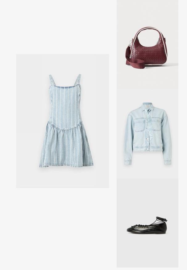 Lyseblå denimjakke med to brystlommer, krave og knaplukning. Har en bånddetalje og cropped design.; Lyseblå og hvide vertikalt stribede ærmeløse kjole med tynde stropper og en samlet nederdel.; Sorte balletflade sko i laklæder med rundet tå, snørelukning og flad sål. Glat tekstur med få detaljer.; Mørkerød vævet lædertaske med buet hank, hvid kant, sølv lynlås og aftagelig bred stofskulderrem mod en ensfarvet baggrund.