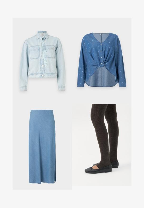 Lichtblauwe denimjack met twee borstzakken, een kraag en knoopsluiting. Beschikt over een strikdetail en een cropped ontwerp.; Blauwe blouse met lange mouwen en knopen, bedrukt met kleine witte paisley-motieven, voorzien van een gedraaide voorkant en een V-hals.; Lichtblauwe midi-rok met rechte snit en kleine zijsplit, gemaakt van zachte stof.; Benen met donkere geribbelde leggings gecombineerd met zwarte ballerina's met kleine strikdetails op een witte achtergrond.