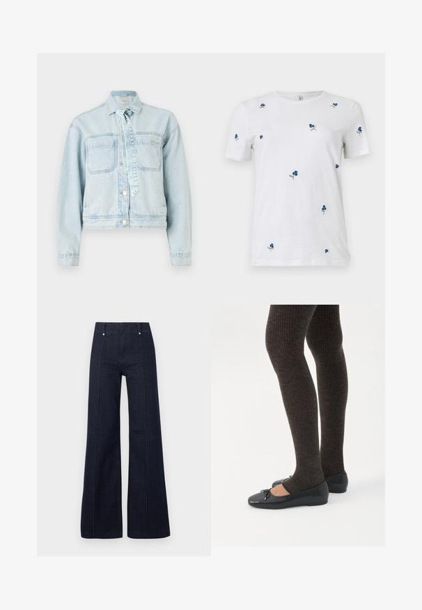 Lyseblå denimjakke med to brystlommer, krave og knaplukning. Har en bånddetalje og cropped design.; Hvid kortærmet t-shirt med små, spredte blå blomsterbroderier og grønne stilke, rund hals, ensfarvet baggrund.; Mørkeblå jeans med høj talje og vide ben, med forreste syninger og bæltestropper på en ensartet lys baggrund.; Ben iført mørke ribbede leggings kombineret med sorte balletsko med små sløjfedetaljer på hvid baggrund.