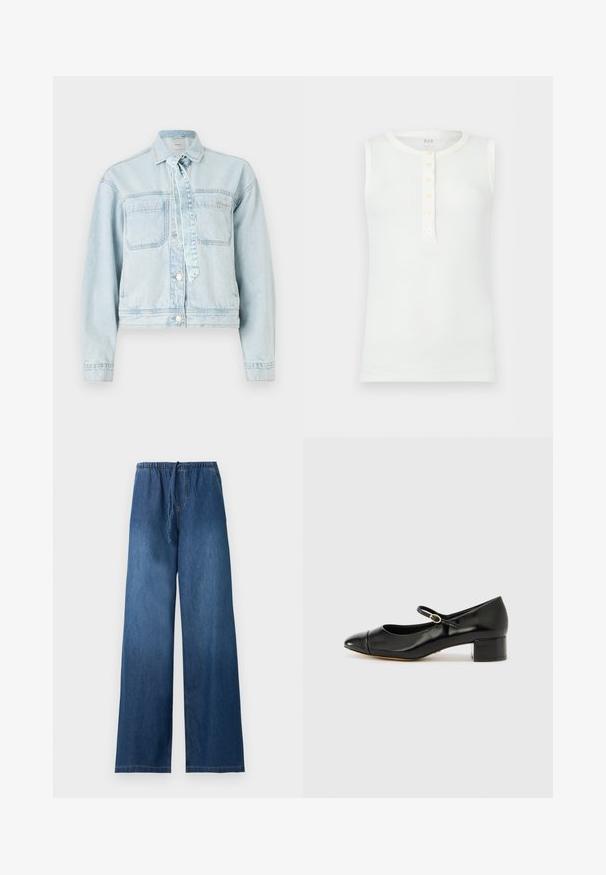 Lichtblauwe denimjack met twee borstzakken, een kraag en knoopsluiting. Beschikt over een strikdetail en een cropped ontwerp.; Witte mouwloze geribbelde katoenen top met ronde halslijn en vijfknopensluiting aan de voorkant, plat neergelegd op een lichte achtergrond.; Blauwe denim broek met wijde pijpen, elastische tailleband en aantrekkoord, zonder zichtbare zakken of versieringen, afgebeeld tegen een effen achtergrond.; ALDO DECIMA - Klassieke pumps - black