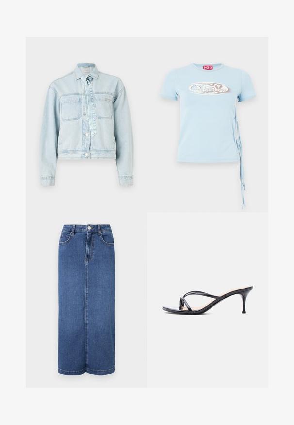 Lyseblå denimjakke med to brystlommer, krave og knaplukning. Har en bånddetalje og cropped design.; Lys blå kortærmet T-shirt med rund halsudskæring, sidebindinger og et grafisk print med teksten "www.diesel.com" i sølv.; Mørkeblå denim maxiskørt med lige snit, talje med knaplukning og minimale syninger.; Sort laklædersandal med hæl, tynde krydsede remme og en slank mellemhøj stilethæl på en hvid baggrund.