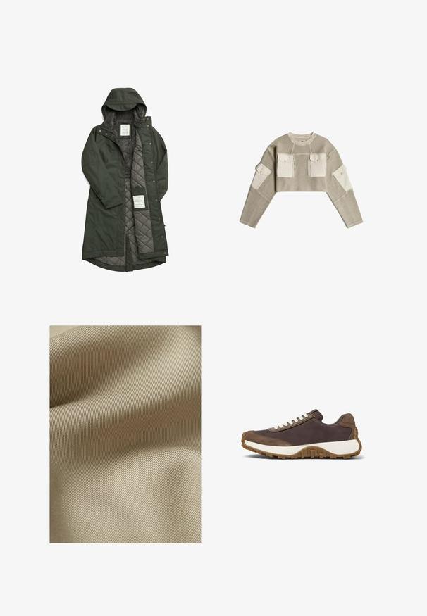 Longue manteau vert étanche avec capuche, doté d'une douce doublure en polaire grise et d'un intérieur matelassé, fermé par des boutons-pression.; Pull en maille beige court avec des patchs en tissu crème sur les poches poitrine et le haut des manches, avec des fermetures éclair et des boutons.; Tissu beige texturé avec un motif fin et côtelé. Le matériau semble lisse avec un léger éclat, tombant doucement en plis.; Baskets marron avec des lacets blancs, présentant une tige texturée et une semelle en caoutchouc robuste, affichées sur un fond blanc.