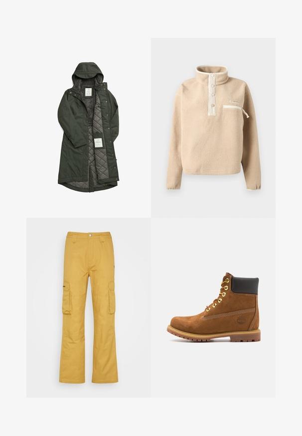 Longue manteau vert étanche avec capuche, doté d'une douce doublure en polaire grise et d'un intérieur matelassé, fermé par des boutons-pression.; Pull polaire beige avec col montant, trois boutons-pression et poche poitrine zippée avec bordure blanche.; Pantalons cargo d'une riche couleur jaune moutarde, fabriqués en tissu robuste. Dotés de deux grandes poches latérales et d'un design à jambe droite.; Bottine en suede marron avec col rembourré noir, œillets en or, devant à lacets et semelle en caoutchouc avec un motif texturé.
