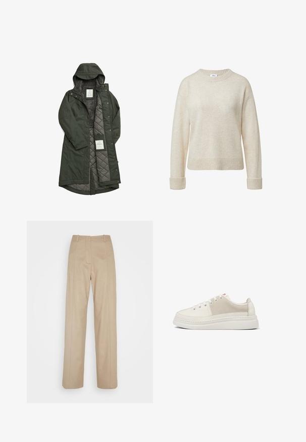 Abrigo largo verde impermeable con capucha, que cuenta con un suave forro de forro polar gris y un interior acolchado, asegurado con botones a presión.; Jersey de lana beige de cuello redondo con mangas largas, puños y dobladillo acanalados, y una pequeña etiqueta de la marca en el escote.; Calvin Klein TAILORED STRAIGHT PANT - Pantalones - cinder; Zapatilla blanca con una textura suave, que presenta un panel lateral gris claro, cordones y una suela gruesa. Diseño limpio y minimalista.