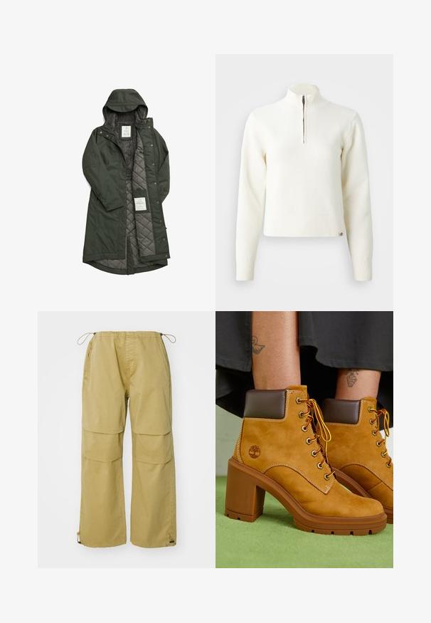 Abrigo largo verde impermeable con capucha, que cuenta con un suave forro de forro polar gris y un interior acolchado, asegurado con botones a presión.; Suéter blanco con cuello de cremallera y mangas largas. Fabricado en un material de punto suave, con puños y dobladillo acanalados. Logo de la marca sutil en el dobladillo.; Pantalones cargo en color caqui, con piernas anchas, cintura elástica, bolsillos frontales y puños ajustables con cordón. Fabricados con tejido ligero.; Botas de tobillo de gamuza beige con un collar marrón, ojales dorados y cordones amarillos. Tacón marrón grueso y detalle del logotipo en el lateral.