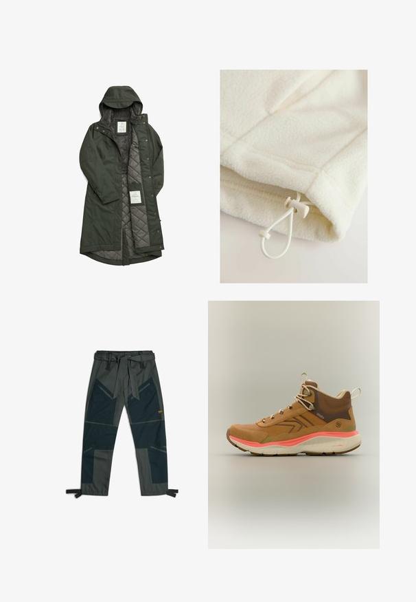 Lang groene waterdichte jas met een capuchon, voorzien van een zachte grijze fleece voering en een gewatteerd interieur, dichtgemaakt met drukknoopjes.; Fleece kledingstuk in off-white met een zachte textuur, voorzien van een touwtje met schuifknop voor verstelbaarheid aan de zoom.; Broek met een riem, voorzien van een mix van donkergroene en grijze stoffen, hoekig patchworkontwerp, meerdere zakken en verstelbare enkelbandjes.; Bruine hoge wandelschoen met beige veters, gewatteerde enkelkraag, koraalrode tussenzool en gestructureerde rubberen buitenzool op een effen achtergrond.