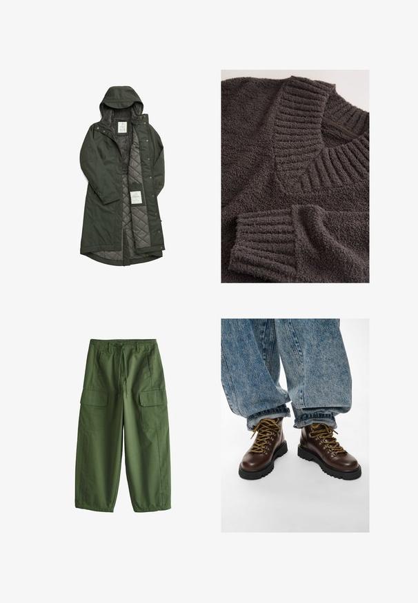 Lang groene waterdichte jas met een capuchon, voorzien van een zachte grijze fleece voering en een gewatteerd interieur, dichtgemaakt met drukknoopjes.; Donkergrijze terry cloth trui met een geribbelde kraag en manchetten, met een zachte textuur en een ontspannen ontwerp. Geen zichtbare sluitingen.; Olijfgroene cargobroek met een trekkoord in de taille, riemlussen, zijzakken met klep en wijde pijpen.; Bruine leren wandelschoenen met gele veters, gedragen met opgerolde blauwe spijkerbroeken op een witte achtergrond.
