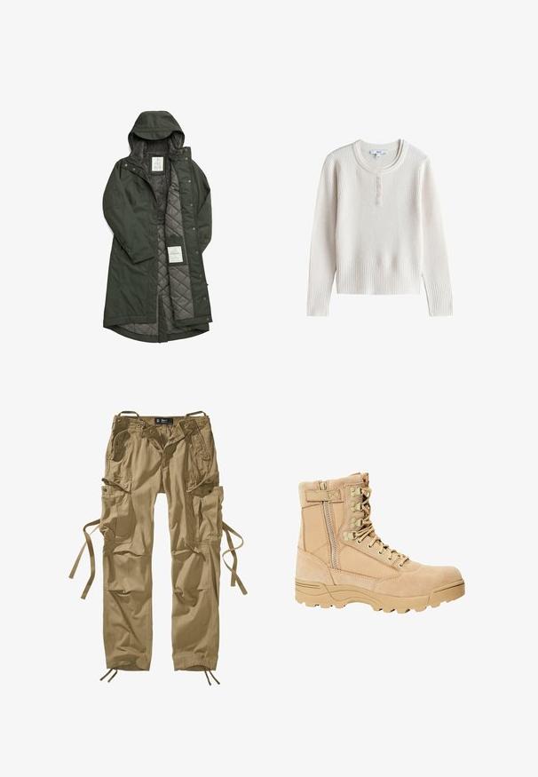 Abrigo largo verde impermeable con capucha, que cuenta con un suave forro de forro polar gris y un interior acolchado, asegurado con botones a presión.; Jersey de punto acanalado color crema de manga larga con cuello redondo y cinco pequeños botones en la tapeta delantera.; Pantalones cargo caqui fabricados en algodón, con múltiples bolsillos laterales, cordones en los tobillos y detalles de botones. Líneas limpias y tejido resistente.; Bota táctica en tono marrón con parte superior de gamuza y tejido, cierre de cordones y cremallera, suela texturizada y puntera reforzada para mayor durabilidad.
