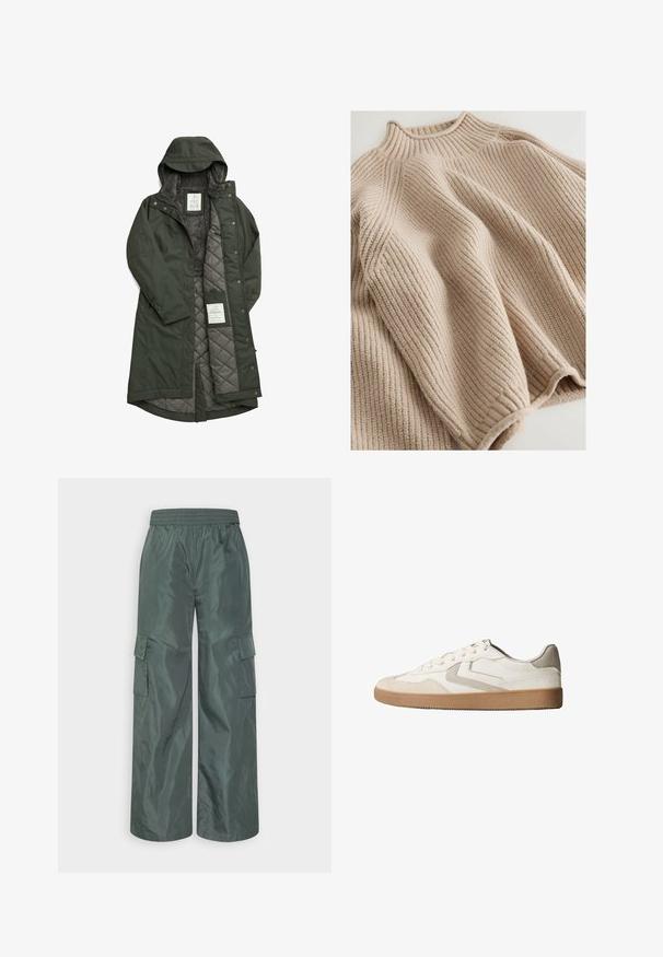 Longue manteau vert étanche avec capuche, doté d'une douce doublure en polaire grise et d'un intérieur matelassé, fermé par des boutons-pression.; Pull en tricot beige clair avec une texture côtelée, présentant un col haut et une silhouette large et décontractée. Accentué par des coutures texturées.; Even&Odd Pantalon cargo - dark green; Baskets blanches avec une tige en cuir texturé, des accents gris et une semelle en caoutchouc gomme. Conception basse et fermeture à lacets traditionnelle.