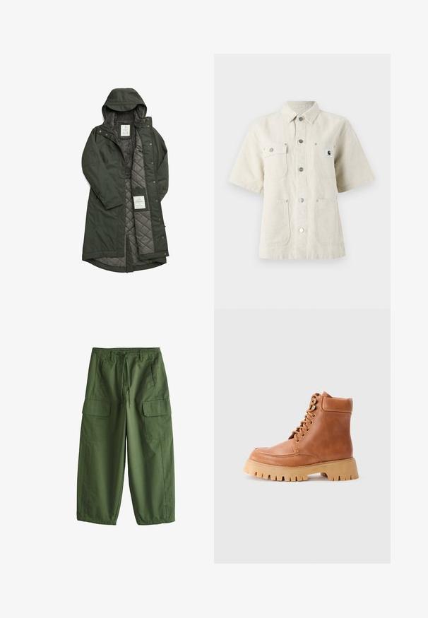Abrigo largo verde impermeable con capucha, que cuenta con un suave forro de forro polar gris y un interior acolchado, asegurado con botones a presión.; Camisa de manga corta en tejido beige claro, con cuello de punta, botones en el frente, dos bolsillos en el pecho y un pequeño parche con el logo a la izquierda.; Pantalones cargo verde oliva con cintura de cordón, trabillas para cinturón, bolsillos laterales con solapa y piernas anchas.; Botín de cuero marrón con cordones, cuello acolchado y suela de goma gruesa y estriada sobre un fondo claro.