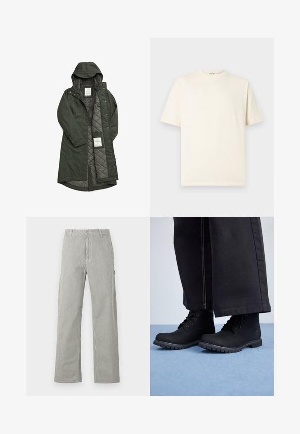 Abrigo largo verde impermeable con capucha, que cuenta con un suave forro de forro polar gris y un interior acolchado, asegurado con botones a presión.; Camiseta de algodón color crema con mangas cortas, cuello redondo y pequeño logotipo en el frente. Diseño sencillo, textura suave y ajuste relajado.; Pantalones de hombre de corte recto con finas rayas verticales en blanco y negro, cierre de botones, trabillas para cinturón y bolsillos laterales.; Botas negras hasta el tobillo con un acabado suave y mate; diseño de cordones; suela resistente con surcos profundos; combinadas con pantalones oscuros de pierna ancha.