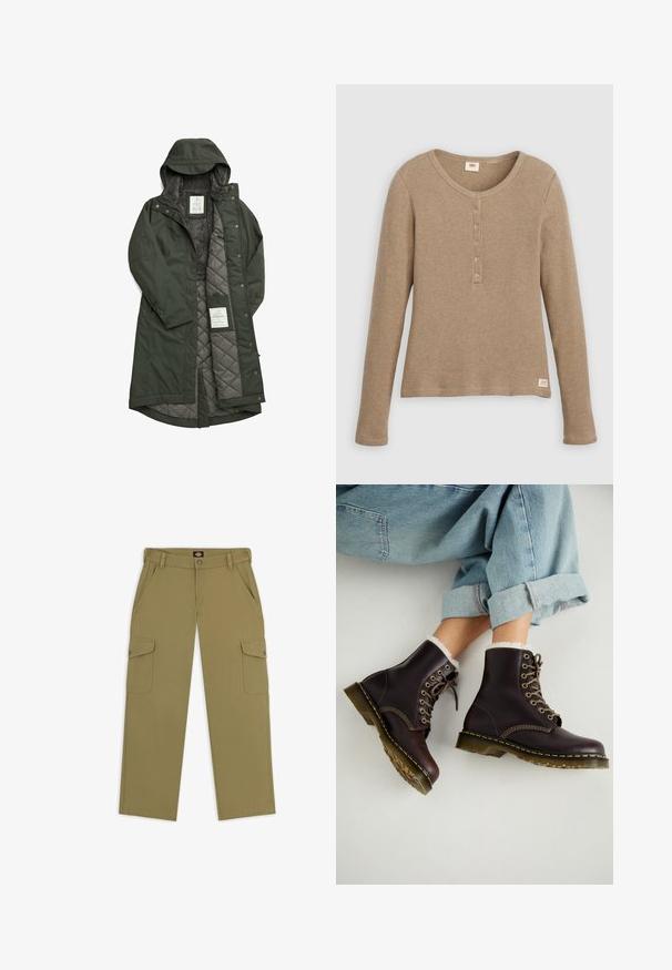 Abrigo largo verde impermeable con capucha, que cuenta con un suave forro de forro polar gris y un interior acolchado, asegurado con botones a presión.; Camisa henley de punto gofre beige de manga larga con escote redondo y tapeta con cinco botones, presentada plana sobre fondo blanco.; Pantalones cargo verde oliva con corte recto, bolsillos de solapa en cada pierna y cierre de botón en la cintura. Fabricados con tela duradera.; Botas de tobillo de cuero marrón con diseño de cordones, forro de piel, costuras amarillas y suelas de goma gruesas. Combinadas con jeans celestes enrollados.
