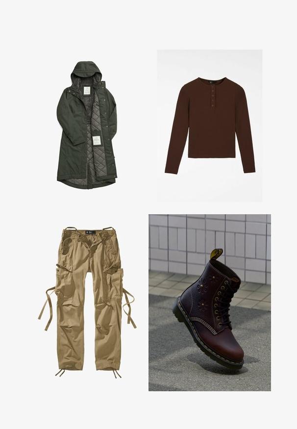 Abrigo largo verde impermeable con capucha, que cuenta con un suave forro de forro polar gris y un interior acolchado, asegurado con botones a presión.; Camiseta marrón de manga larga hecha de material acanalado, con cuello redondo, tapeta con cinco botones y dobladillo recto.; Pantalones cargo caqui fabricados en algodón, con múltiples bolsillos laterales, cordones en los tobillos y detalles de botones. Líneas limpias y tejido resistente.; Bota de cuero marrón oscuro con grabado floral y costuras amarillas, colocada verticalmente sobre un pavimento texturizado con fondo de pared de azulejos.