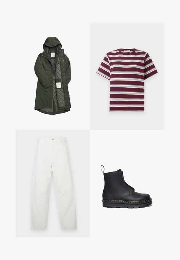 Longue manteau vert étanche avec capuche, doté d'une douce doublure en polaire grise et d'un intérieur matelassé, fermé par des boutons-pression.; T-shirt bordeaux à manches courtes avec des rayures horizontales blanches et grises, col rond, à plat sur fond blanc.; Jean blanc à jambes larges en coton, avec un design classique à cinq poches et une fermeture à bouton métallique à la taille. Texture lisse.; Bottine noire en cuir avec des panneaux latéraux élastiques, bout arrondi, couture jaune contrastante et semelle en caoutchouc épaisse.