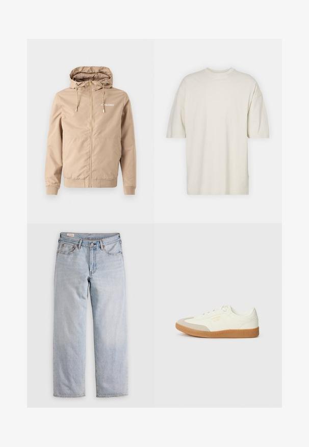 Bežová bunda na zips s kapucňou, sťahovacími šnúrkami, elastickými manžetami a lemom. Na ľavej strane hrude sa nachádza logo "JACK&JONES" v bielej farbe.; Krátky rukáv, tričko s okrúhlym výstrihom v off-white bavlne, s uvoľneným strihom a mäkkou textúrou, bez viditeľných vzorov alebo akcentov.; Svetlomodré rovné nohavice s vysokým pásom, zapínaním na gombík a prednými i zadnými vreckami, vystavené na rovnej ploche.; Tenisky vyrobené z bielej kože s béžovou špičkou a svetlohnedou gumovou podrážkou. Majú ploché biele šnúrky a embosované logo na boku.