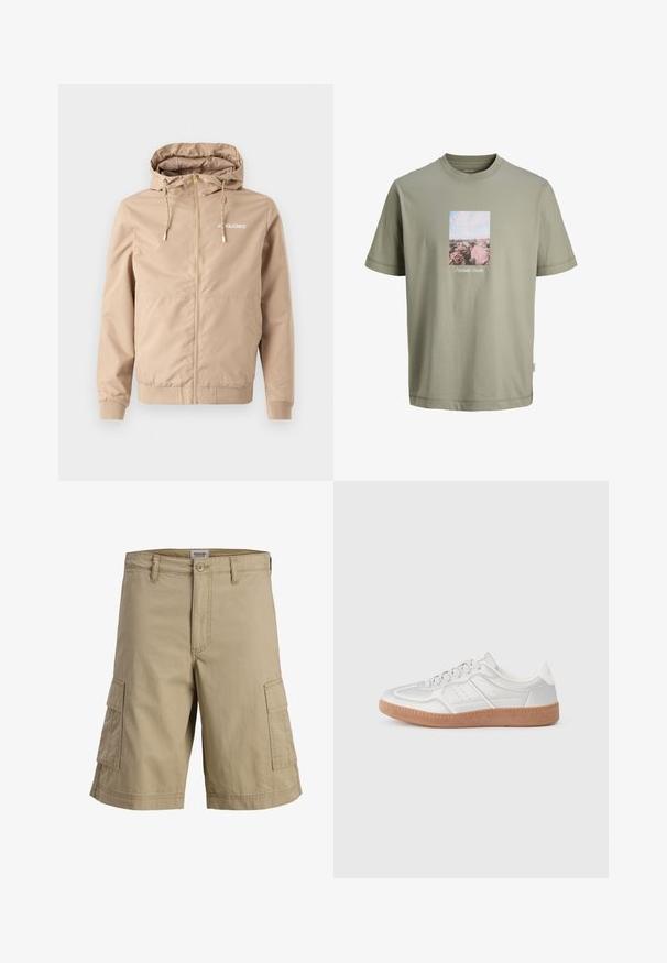 Bežová bunda na zips s kapucňou, sťahovacími šnúrkami, elastickými manžetami a lemom. Na ľavej strane hrude sa nachádza logo "JACK&JONES" v bielej farbe.; Svetlo olivovo zelené tričko s krátkym rukávom s obdĺžnikovou potlačou ružových skál a oblohy umiestnenou v strede na hrudi, s malým bielym textom pod potlačou.; Béžové cargo šortky po kolená s predným zapínaním na gombík a zips a dvoma bočnými vreckami s chlopňou.; Strieborné tenisky s hladkou textúrou, viazaním, perforovanými akcentmi a štruktúrovanou hnedou gumovou podrážkou.