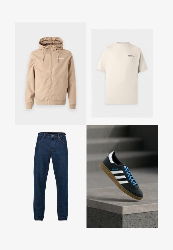 Bežová bunda na zips s kapucňou, sťahovacími šnúrkami, elastickými manžetami a lemom. Na ľavej strane hrude sa nachádza logo "JACK&JONES" v bielej farbe.; Béžové tričko s krátkym rukávom a okrúhlym výstrihom s malým čiernym textom "Urban Heritage" na ľavej časti hrudníka.; Tmavomodré džínsové nohavice so strihom priameho nohu, šitými detailmi, piatimi vreckami a kovovým zapínaním v páse.; Čierna teniska Adidas s bielymi pruhmi, modrými šnúrkami a gumovou podrážkou, ktorá sa vznáša nad sivým betónovým schodom v mäkkom svetle.