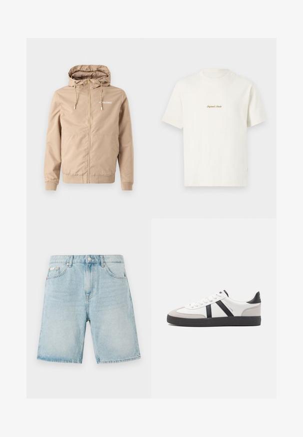 Bežová bunda na zips s kapucňou, sťahovacími šnúrkami, elastickými manžetami a lemom. Na ľavej strane hrude sa nachádza logo "JACK&JONES" v bielej farbe.; Krémové bavlnené tričko s krátkymi rukávmi, okrúhlym výstrihom a vyšívaným logom "Original Studio" v zlatej farbe na hrudi. Mäkká textúra.; Svetlo modré denimové šortky s voľným strihom, vybavené prednými vreckami, zapínaním na gombík a minimálnym vyblednutím.; Biele tenisky s čiernymi a šedými akcentmi, s textúrovanou šedou špičkou, čiernou gumovou podrážkou a plochými bielymi šnúrkami. Čistý dizajn, minimalistický štýl.