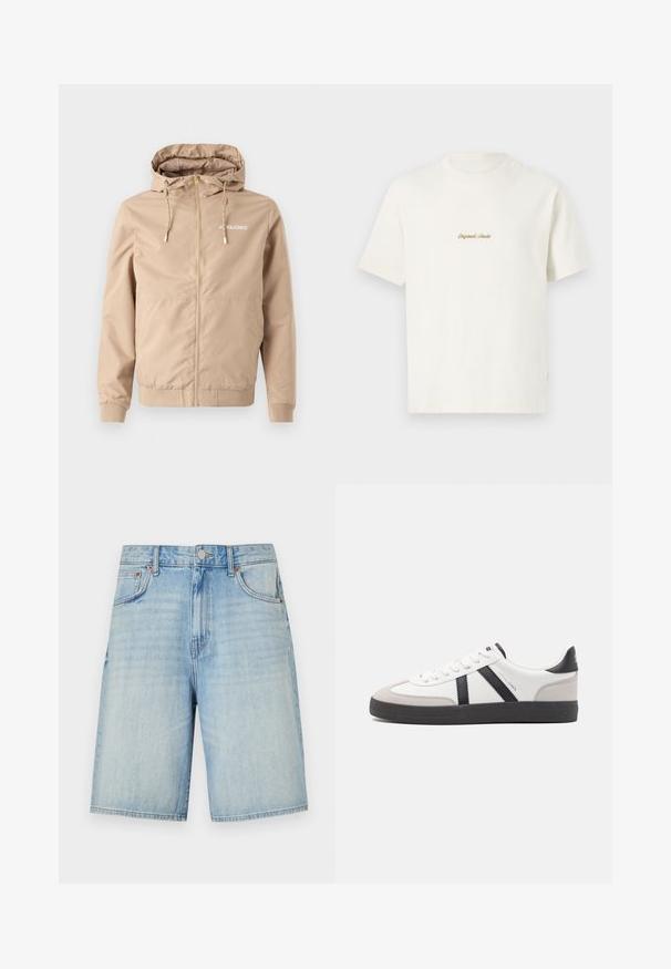 Bežová bunda na zips s kapucňou, sťahovacími šnúrkami, elastickými manžetami a lemom. Na ľavej strane hrude sa nachádza logo "JACK&JONES" v bielej farbe.; Krémové bavlnené tričko s krátkymi rukávmi, okrúhlym výstrihom a vyšívaným logom "Original Studio" v zlatej farbe na hrudi. Mäkká textúra.; Svetlo modré džínsové šortky so rovnou siluetou, vybavené zapínaním na gombík a zips, piatimi vreckami a jemne vyblednutým povrchom.; Biele tenisky s čiernymi a šedými akcentmi, s textúrovanou šedou špičkou, čiernou gumovou podrážkou a plochými bielymi šnúrkami. Čistý dizajn, minimalistický štýl.