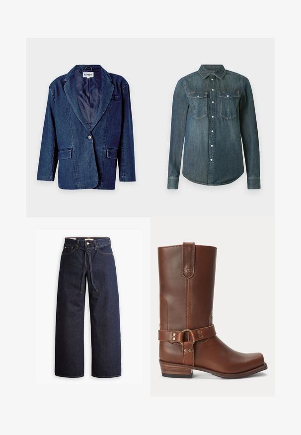 Donkerblauwe denim blazer met een gegoten revers, enkele knoopsluiting, twee voorkruistassen en een gladde binnenvoering.; Donkerblauwe denim blouse met lange mouwen, knoopsluiting aan de voorkant en twee borstzakken met kleppen en knopen.; Wijd pijpjes donkerblauwe denim jeans met een hoge taille, voorzien van een trekkoord, vijf zakken en contrasterende stiksels.; Bruine leren midkuitlaars met een lage houten hak, ronde neus en een decoratieve band met metalen studs rond de enkel.