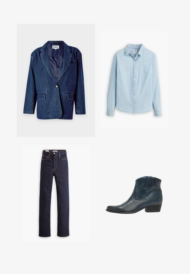 Mørkeblå denimblazer med revers, enknapslukning, to forlommer og en glat indvendig foring.; Lyseblå skjorte med knapper lavet af blødt denimstof. Har en klassisk krave og lange ærmer, med et lille logo på brystet.; Mørkeblå straight-leg denim jeans med fem lommer og synlig orange syning på hvid baggrund.; Cowboy ankel støvler lavet af mørkeblåt læder, med spidse tæer, buede detaljer og en lav, stablet hæl med subtile syninger.