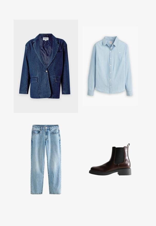 Donkerblauwe denim blazer met een gegoten revers, enkele knoopsluiting, twee voorkruistassen en een gladde binnenvoering.; Lichtblauwe overhemdbloes gemaakt van zacht denimstof. Heeft een klassieke kraag en lange mouwen, met een klein logo op de borst.; Lichtblauwe high-waisted jeans met een ontspannen pasvorm. Heeft een knoopsluiting, metalen rivets, vijf zakken en een vervaagde denimtextuur.; Bruine leren enkelboot met elastische zijpanelen, ronde neus en een gestructureerde zwarte rubberen zool. Heeft contrasterende stiksels en een lusje aan de achterkant.