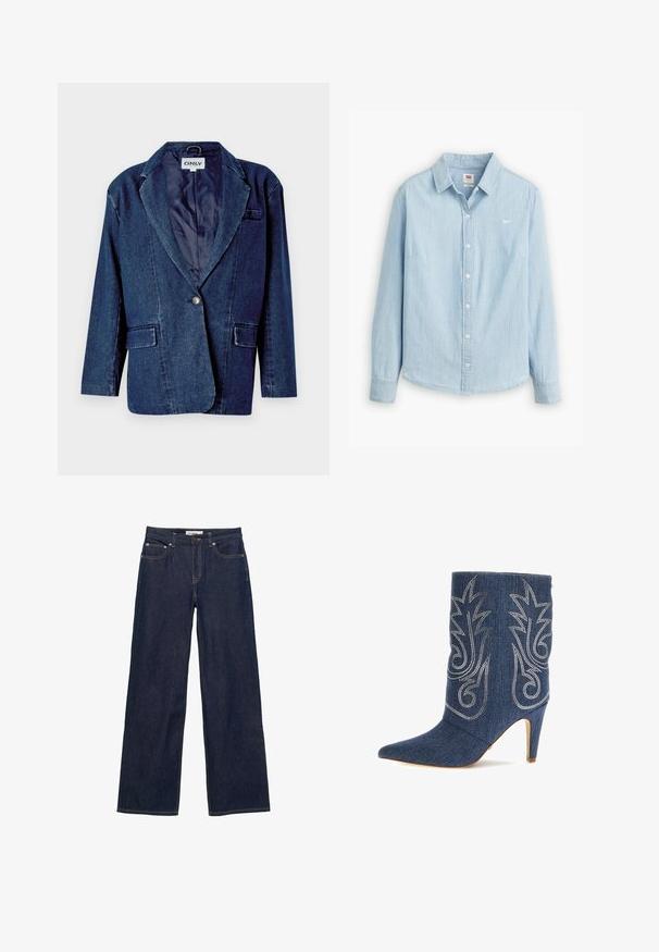 Mørkeblå denimblazer med revers, enknapslukning, to forlommer og en glat indvendig foring.; Lyseblå skjorte med knapper lavet af blødt denimstof. Har en klassisk krave og lange ærmer, med et lille logo på brystet.; Mørkeblå jeans med lige ben, forlommer, bæltestropper, knaplukning og synlige kontrastsyninger.; Denim ankelstøvle med spids tå, buet design, sølv dekorativ syning og 3-tommer stiletto hæl. Mørkeblå med struktureret finish.