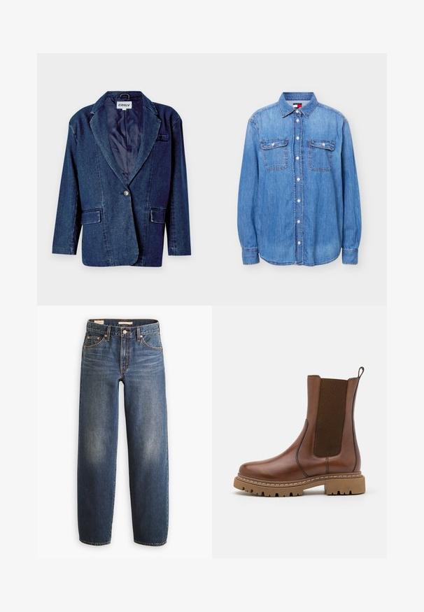 Mørkeblå denimblazer med revers, enknapslukning, to forlommer og en glat indvendig foring.; Lyseblå denimskjorte med knapper, lange ærmer, to frontlommer med klap og krave, vist på en hvid baggrund.; Mørkeblå denimjeans med en straight-leg design, der har fem lommer, kobbernitter og diskret falmning på lårene.; Brune læder ankelstøvle med elastiske paneler og en trækflap. Har en kraftig gummisål og synlige stikninger langs kanterne.
