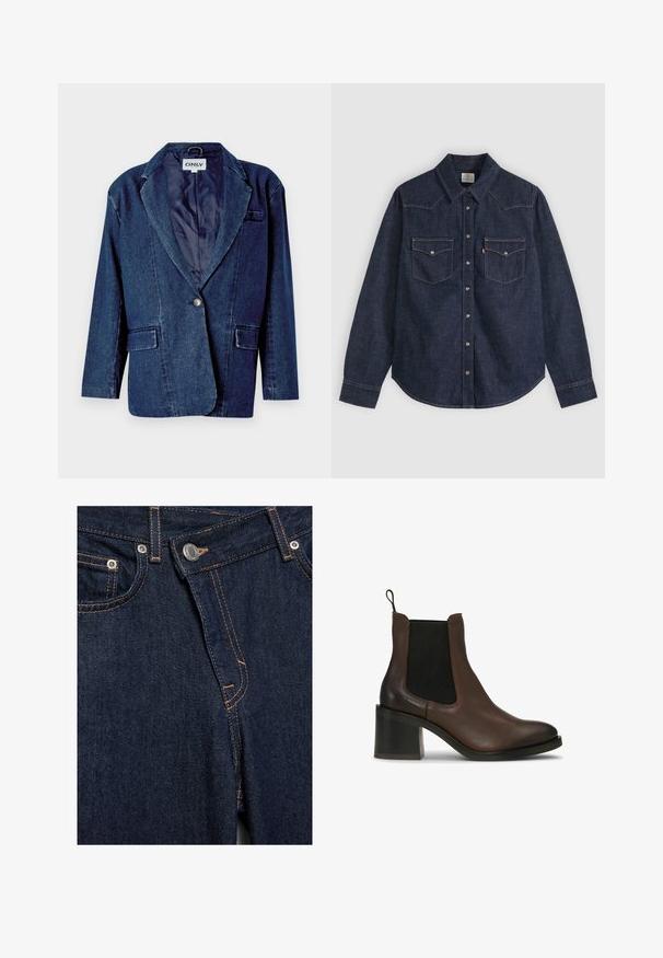 Mørkeblå denimblazer med revers, enknapslukning, to forlommer og en glat indvendig foring.; Mørkeblå denim skjorte med lange ærmer, spids krave, frontlukning med trykknapper og to brystlommer med knapper samt kontrastsyning.; Nærbillede af mørkeblå denimjeans foran med metalknap, lynlås, forlommer og orange syningsdetaljer.; Brune læderankelstøvler med elastiske sidepaneler, en blokhæl, glat tekstur og en trække-flap for nem påtagning.