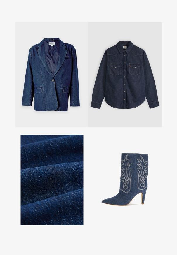 Mørkeblå denimblazer med revers, enknapslukning, to forlommer og en glat indvendig foring.; Mørkeblå denim skjorte med lange ærmer, spids krave, frontlukning med trykknapper og to brystlommer med knapper samt kontrastsyning.; Mørkeblå denimstof med en glat tekstur, subtil glans og let stræk. Synlig twill-mønster og fine, kontrasterende tråde.; Denim ankelstøvle med spids tå, buet design, sølv dekorativ syning og 3-tommer stiletto hæl. Mørkeblå med struktureret finish.