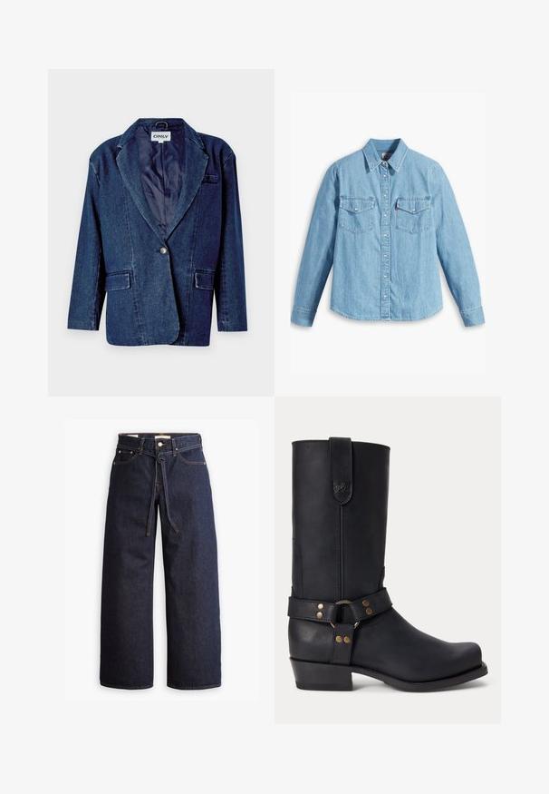 Mørkeblå denimblazer med revers, enknapslukning, to forlommer og en glat indvendig foring.; Lyseblå denimskjorte med lange ærmer, spidse krave, to brystlommer, knaplukning og subtil tekstur. Ingen synlige mønstre.; Bredde ben mørkeblå denim jeans med høj talje, der har snoretræk, fem lommer og kontrastsyet detaljer.; Sort læder mellemhøje støvler med lav hæl, rund tå og dekorativ rem med metalnitter og ring omkring anklen.