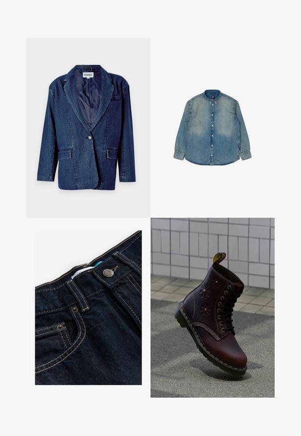 Donkerblauwe denim blazer met een gegoten revers, enkele knoopsluiting, twee voorkruistassen en een gladde binnenvoering.; Lichtblauw denim overhemd met lange mouwen, knoopsluiting aan de voorkant, klassieke kraag en subtiele vervaging. Heeft gestikte details langs de naden.; Donkerblauwe spijkerbroek met een standaard tailleband, contrasterende gouden stiksels en een metalen knop. Heeft een klein voorvak en een etiket.; Donkere bruine leren laars met bloemmotief en gele stiksels, rechtop geplaatst op een textuurrijke bestrating met een wand van tegels op de achtergrond.