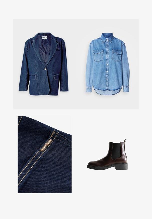 Donkerblauwe denim blazer met een gegoten revers, enkele knoopsluiting, twee voorkruistassen en een gladde binnenvoering.; Denimshirt met een lichtblauwe kleur, klassieke kraag, knoopsluiting aan de voorkant, twee borstzakken en een afgeronde zoom met stikseldetails.; Next REGULAR FIT - WIDE LEG - Flared Jeans - rinse blue; Bruine leren enkelboot met elastische zijpanelen, ronde neus en een gestructureerde zwarte rubberen zool. Heeft contrasterende stiksels en een lusje aan de achterkant.