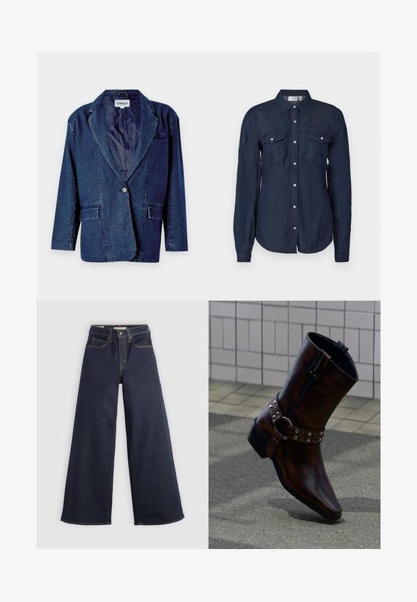 Donkerblauwe denim blazer met een gegoten revers, enkele knoopsluiting, twee voorkruistassen en een gladde binnenvoering.; Marineblauwe button-up overhemd van lichte stof, met twee voorzakken, lange mouwen en een klassieke kraag met een gebogen zoom.; Wijde denim jeans in donkerblauw met contrasterende stiksels. Bevat een traditionele vijf-pocketontwerp en een knoopsluiting in de taille.; Donkerbruine leren enkellaars met zilverkleurige studs en een riemdetail, afgebeeld tegen een betegelde muur en een betonnen vloer.