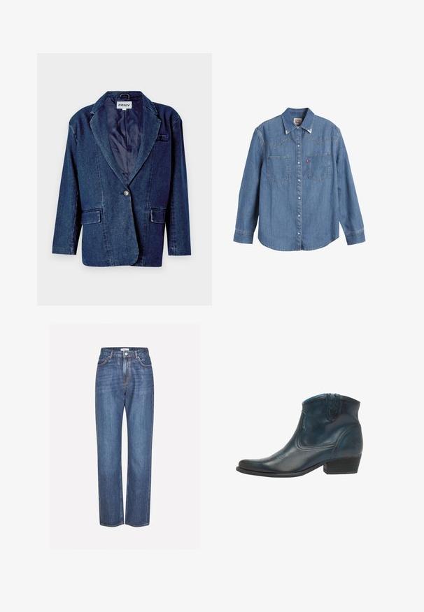 Donkerblauwe denim blazer met een gegoten revers, enkele knoopsluiting, twee voorkruistassen en een gladde binnenvoering.; Lichtblauwe denim overhemden met lange mouwen, puntige kraag, twee borstzakken en contrasterende stiksels. Heeft een westers stijl yoke ontwerp.; Lichtblauwe denim jeans met een rechte pijpdesign, voorzien van een knopenfly, vijf zakken en subtiele vervaging op de stof.; Cowboyenklaar met een donkerblauwe leren uitvoerig, met een puntige neus, gebogen accenten en een lage gestapelde hak met subtiele stiksels.