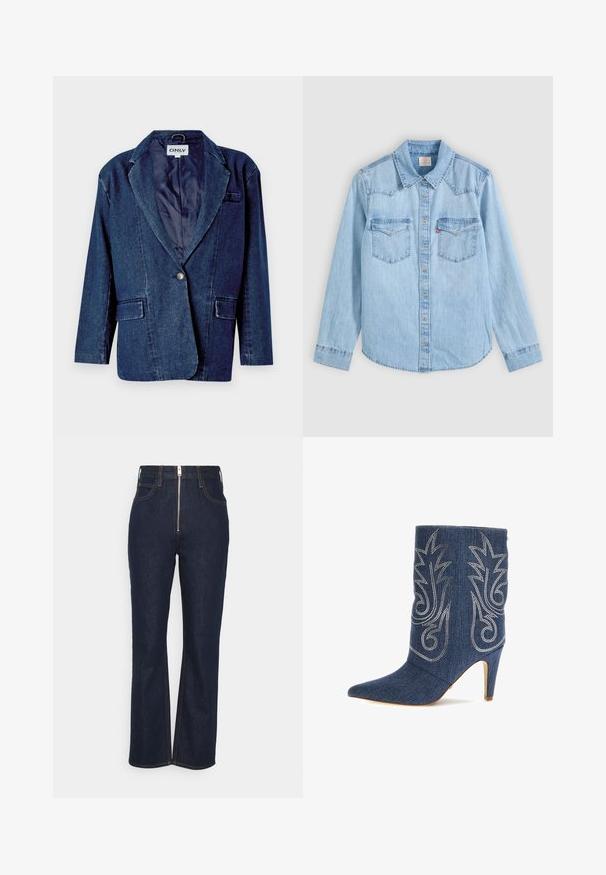 Blazer en denim bleu marine avec un col cranté, fermeture à un bouton, deux poches avant et une doublure intérieure lisse.; Chemise en denim bleu clair à manches longues avec fermeture par boutons, deux poches poitrine à rabats et un col classique pointu sur fond gris.; FRAME HIGH EXPOSED ZIP - Jean droit - dark blue; Bottine en denim avec un bout pointu, un design incurvé, des coutures décoratives argentées et un talon aiguille de 8 cm. Bleu foncé avec une finition texturée.