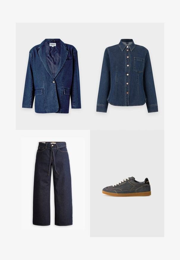 Mørkeblå denimblazer med revers, enknapslukning, to forlommer og en glat indvendig foring.; Mørkeblå denimskjorte med knapper, lange ærmer, krave og enkelt brystlomme, skræddersyet pasform, kobberfarvede knapper ned foran.; Bredde ben mørkeblå denim jeans med høj talje, der har snoretræk, fem lommer og kontrastsyet detaljer.; Denim sneakers med en mørkeblå overdel, kontrasterende orange syninger og en gummirubber sål. Har hvide snørebånd og en sort hæl detalje.