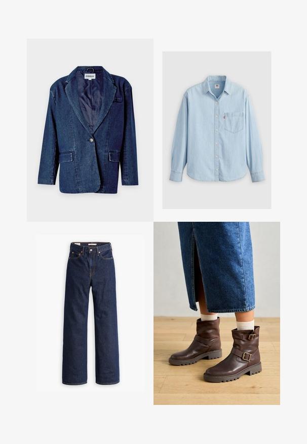 Donkerblauwe denim blazer met een gegoten revers, enkele knoopsluiting, twee voorkruistassen en een gladde binnenvoering.; Lichtblauwe spijkerblouse met een puntkraag, lange mouwen, knoopsluiting en een borstzak met een klein logo-label.; Donkerblauwe rechte spijkerbroek met vijf zakken, oranje stiksels en een knopen sluiting.; Bruine lederen enkelboots met een gedetailleerd ontwerp, gespsaccenten en een gestructureerde rubberen zool. Draag ze met lichtgekleurde sokken en een spijkerrok.