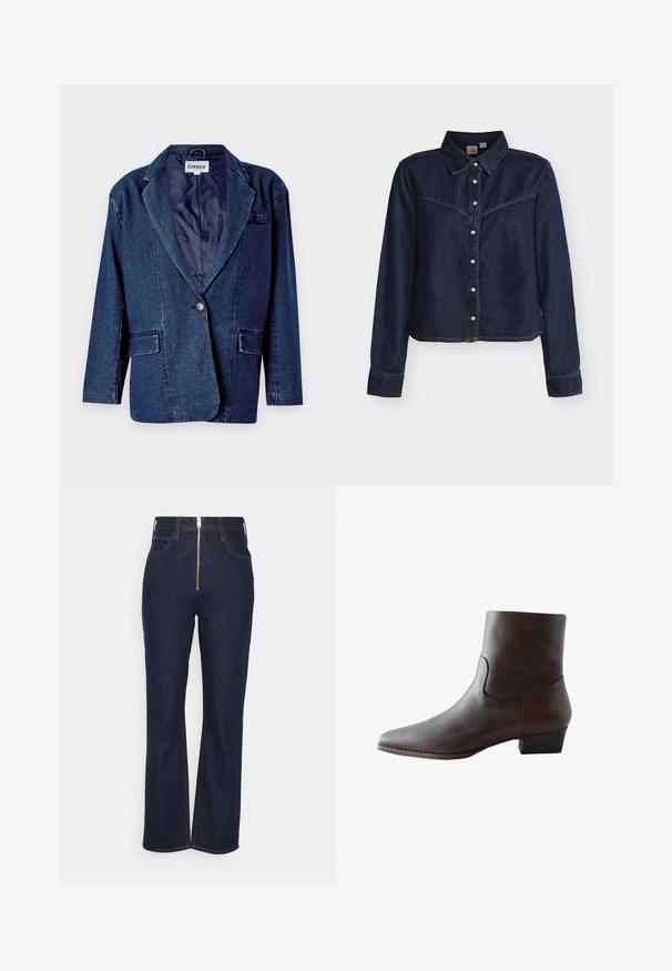 Donkerblauwe denim blazer met een gegoten revers, enkele knoopsluiting, twee voorkruistassen en een gladde binnenvoering.; Donkerblauw denim hemd met lange mouwen en drukknopen, Western-stijl halsstuk, puntige kraag en rechte zoom tegen een witte achtergrond.; FRAME HIGH EXPOSED ZIP - Straight leg jeans - dark blue; Donkerbruine leren enkellaarzen met een lage blokhak en spitse neus, zijaanzicht op een witte achtergrond.