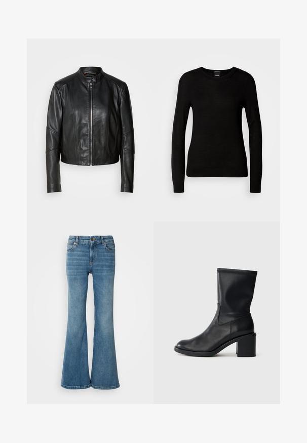 Veste en cuir noir avec un col haut, fermeture éclair sur le devant et coupe ajustée. Présente des coutures angulaires et une longueur courte. Texture lisse.; Pull noir en maille fine, avec un col rond et des manches longues à poignets ajustés. Pas de motifs ou d'ornements visibles.; Jean évasé bleu clair en denim, doté de cinq poches, de coutures visibles, et d'une fermeture à bouton et à zip à la taille.; Botte en cuir noir à cheville avec un bout rond, texture lisse et un talon épais, présentant un tige ajustée et un subtil détail de couture.