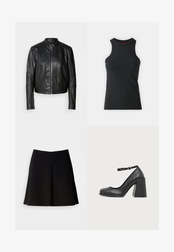Chaqueta de cuero negro con cuello alto, cremallera frontal y diseño ajustado. Presenta costuras angulares y una longitud corta. Textura suave.; Camiseta sin mangas negra hecha de una tela elástica. Presenta un cuello redondo y una silueta ajustada con detalles de costura mínimos.; Falda negra acampanada hecha de una tela suave, con una cinturilla ajustada y detalles en las costuras. Textura suave con un diseño simple y clásico.; Zapato de piel negra con tacón alto, punta redondeada y tacón grueso en bloque, con una correa ajustable en el tobillo con una pequeña hebilla redonda.