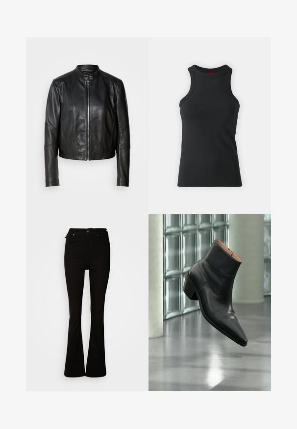 Schwarze Lederjacke mit hohem Kragen, Frontreißverschluss und tailliertem Design. Verfügt über schräge Nähte und eine kürzere Länge. Glatte Textur.; Schwarzes ärmelloses Top aus dehnbarem Material. Mit Rundhalsausschnitt und taillierter Silhouette sowie minimalistischen Nähdetails.; Schwarze, aus Denim gefertigte Schlagjeans mit hoher Taille, vorderen Taschen und einem klassischen Fünf-Taschen-Design mit Metallakzenten.; Schwarzer Leder-Stiefelette mit spitzer Schuhspitze und Blockabsatz, der über einem reflektierenden grauen Boden nahe einer Glassteinwand schwebt.