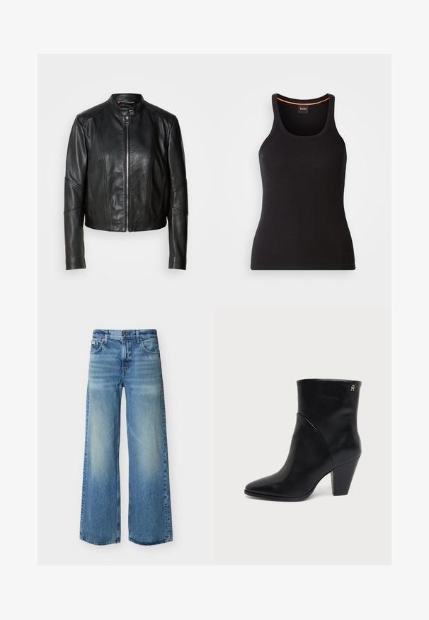 Schwarze Lederjacke mit hohem Kragen, Frontreißverschluss und tailliertem Design. Verfügt über schräge Nähte und eine kürzere Länge. Glatte Textur.; Schwarzes, geripptes Tanktop mit rundem Ausschnitt. Es hat eine schmale Passform und einen orangefarbenen Akzent am Hals. Das Markenlogo ist dezent auf der Vorderseite gestickt.; Hellblaue Jeans mit weitem Bein, vorn mit Knopf und Reißverschluss, vorderen und hinteren Taschen sowie dezenten Verwaschungen an Oberschenkeln und Knien.; Schwarzer Lederknöchelstiefel mit spitz zulaufender Zehenpartie, Blockabsatz und kleinem goldenen Logo nahe der oberen Kante an der Außenseite.