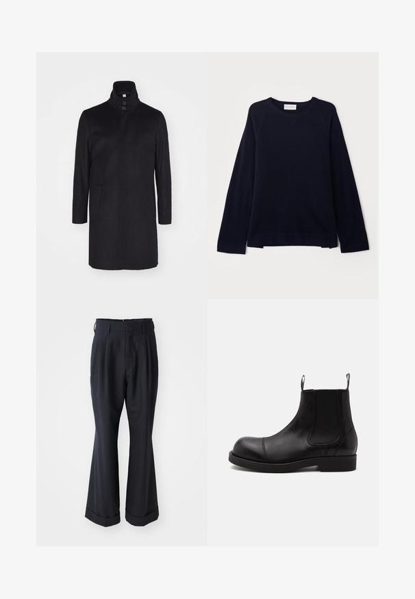 Schwarzer Wollmantel mit hohem Kragen, zwei Fronttaschen und einer Drei-Knopf-Verschluss. Gerader Schnitt und glatte Textur, minimalistisches Design.; OFFICINE GENERALE NATE CNECK - Strickpullover - black; Schwarze, maßgeschneiderte Hosen mit lockerer Passform, gefaltetem Vorderteil und weitem Bein. Mit einem umgeschlagenen Saum und glattem Stoffgefühl.; Schwarzer Chelsea-Boot aus Leder mit abgerundeter Spitze, elastischen Seiteneinsätzen, Zugschlaufen vorn und hinten, flacher Sohle, seitlich auf weißem Hintergrund abgebildet.
