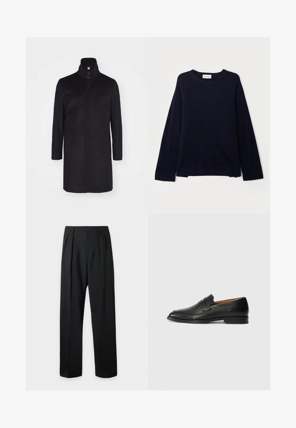 Zwarte wollen jas met een hoge kraag, twee voorklokken en een sluiting met drie knopen. Rechte snit en een gladde textuur, minimalistisch ontwerp.; OFFICINE GENERALE NATE CNECK - Trui - black; Zwarte, hoog getailleerde, op maat gemaakte broek met riemlussen, voorplooien, knoopsluiting en rechte, wijde pijpen op een lichte achtergrond.; Zwarte leren instapper met een ronde neus, subtiele stikdetails en een lage hak, met een gladde textuur en een minimalistisch ontwerp.