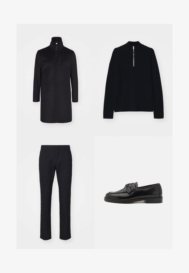 Sort uldfrakke med høj krave, to forlommer og tre-knaps lukning. Lige snit og glat struktur, minimalistisk design.; Sort langærmet top lavet af et blødt materiale, med en høj mock-neck og en halv lynlås foran, med en afslappet pasform.; Marinebukser i skræddersyet snit, lavet af glat stof. Har flad front, bæltestropper og lige ben med en ren kant.; Sorte læder loafers med rund tå og en dekorativ spændeaccent. Flad, solid hæl og glat tekstur hele vejen igennem.