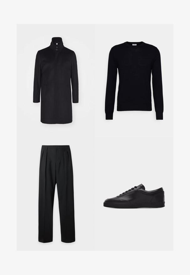 Sort uldfrakke med høj krave, to forlommer og tre-knaps lukning. Lige snit og glat struktur, minimalistisk design.; Sort langærmet sweater lavet af blødt strikket materiale. Rund halsudskæring, ribbede manchetter og kant. Minimalistisk design uden synlige mønstre eller knapper.; Sorte skræddersyede bukser med høj talje, bæltestropper, frontfolder, knaplukning og lige vide ben på en lys baggrund.; Sort lavtstående lædersneaker med snørebånd foran og flad gummisål, vist fra siden på en ensartet hvid baggrund.